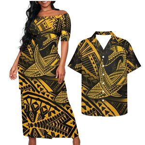 9742 Polynesian Tribal Clothing Couple Plus Size 2 Piece Dress Sets Black